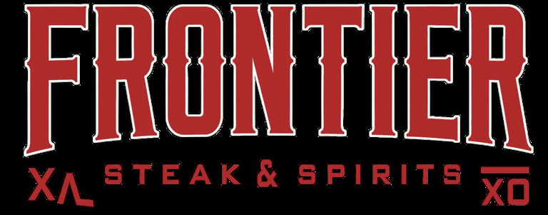 Frontier Steak and Spirits restaurant logo with red text on black background
